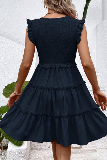 Black V-Neck A Line Short Summer Dress with Ruffles